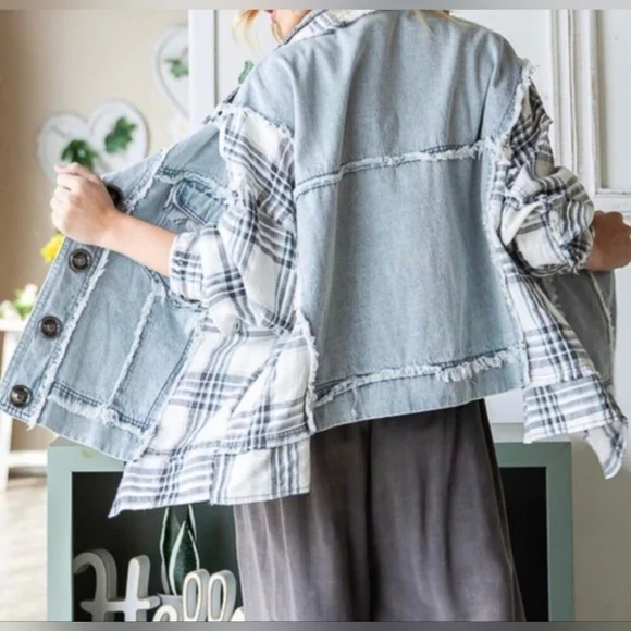 OLI & HALI -Plaid Pieced Denim Jacket Size small - Picture 4 of 10